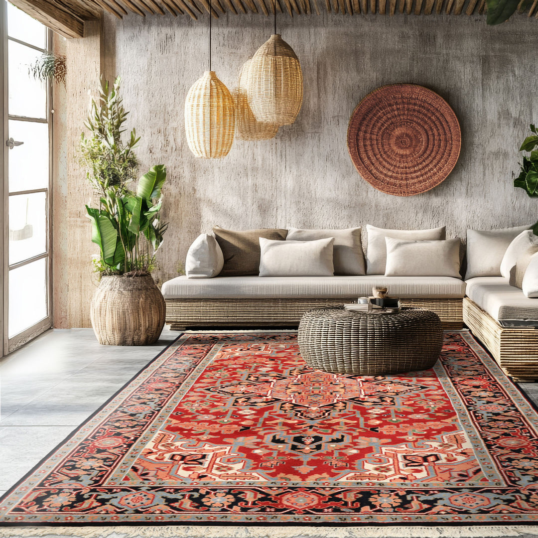 6x9 Red, Aqua, Blush Color Hand Knotted Indo Heriz Wool Traditional Oriental Rug