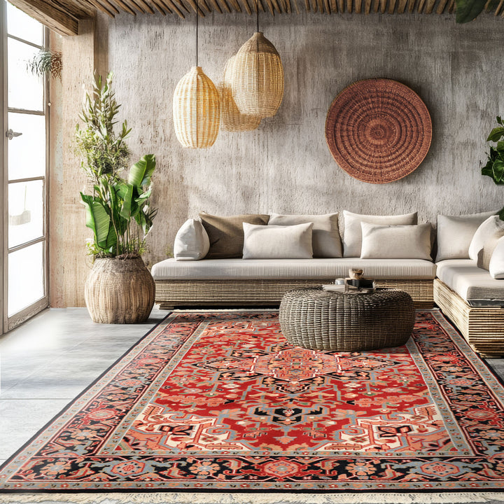 6x9 Red, Aqua, Blush Color Hand Knotted Indo Heriz Wool Traditional Oriental Rug