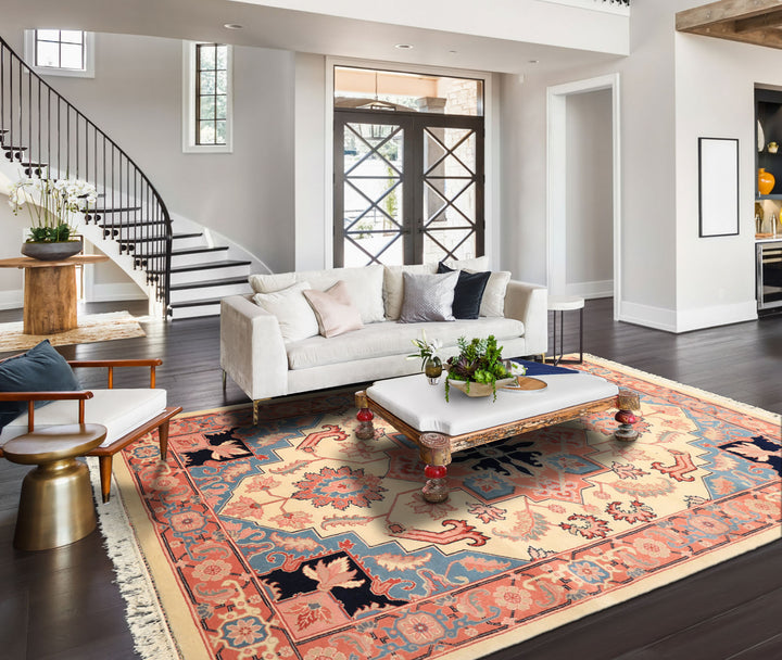 6x9 Ivory, Rose, Navy Color Hand Knotted Romanian Serapi Wool Traditional Oriental Rug