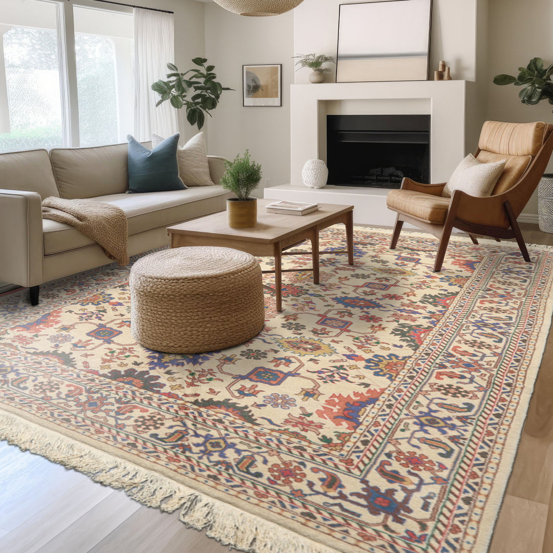 5x8 Ivory, Aqua, Lime Color Hand Knotted Oushak Wool Arts & Crafts Oriental Rug