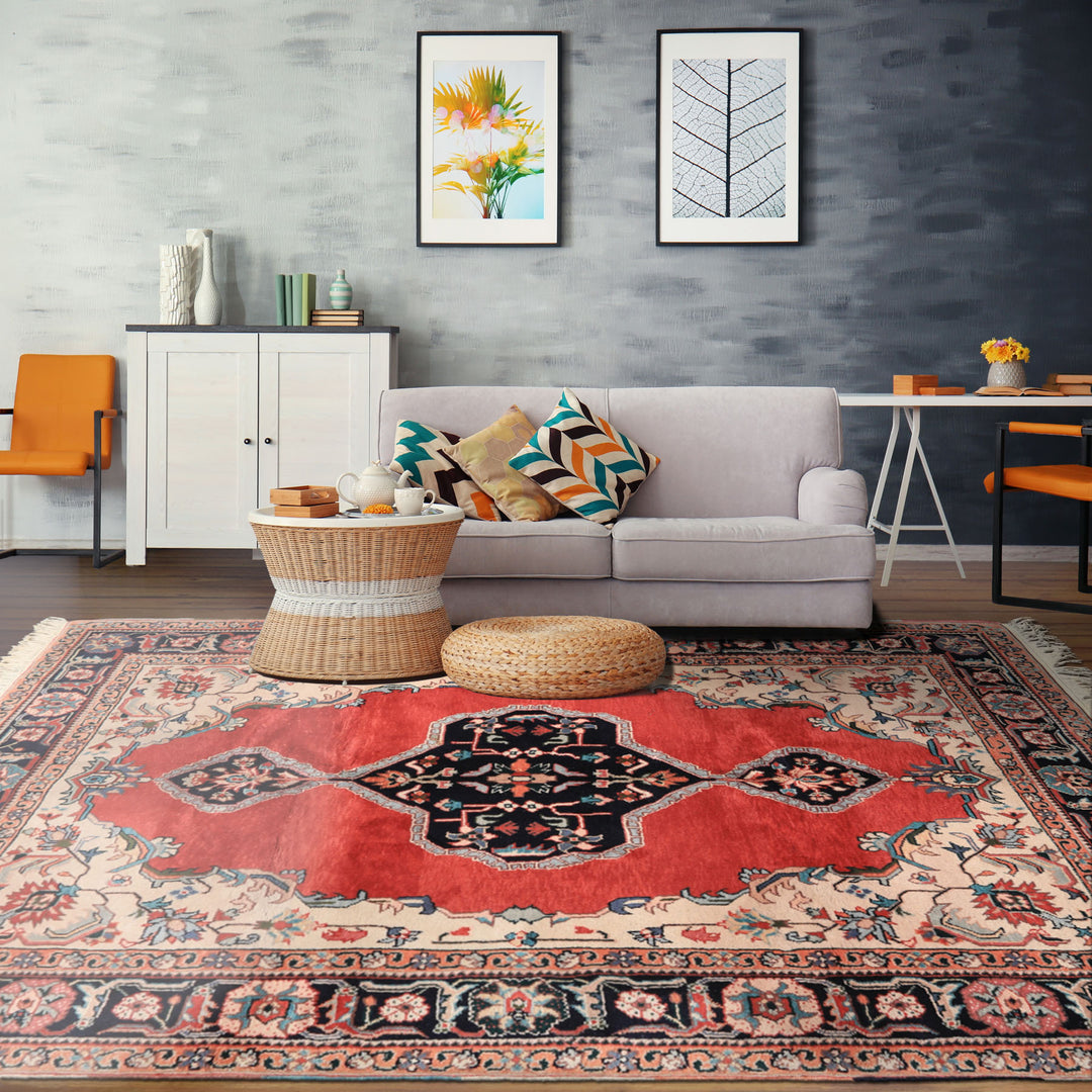 6x9 Ruby Red, Beige, Aqua Color Hand Knotted Indo Tabriz Wool Traditional Oriental Rug