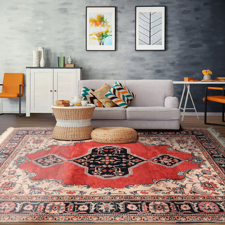 6x9 Ruby Red, Beige, Aqua Color Hand Knotted Indo Tabriz Wool Traditional Oriental Rug