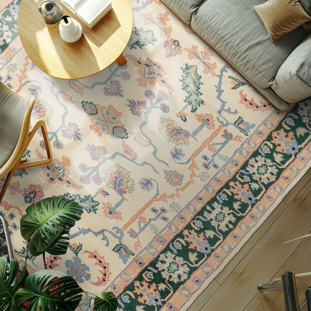 6x9 Ivory, Green, Peach Color Hand Knotted Indo Heriz Wool Traditional Oriental Rug