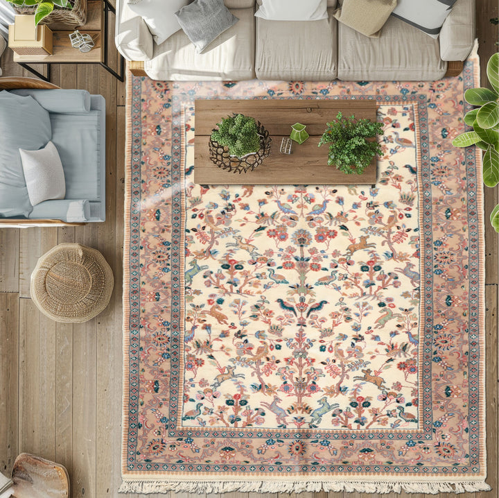 6x9 Ivory, Peach, Gray Color Hand Knotted Indo Persian Wool Traditional Oriental Rug