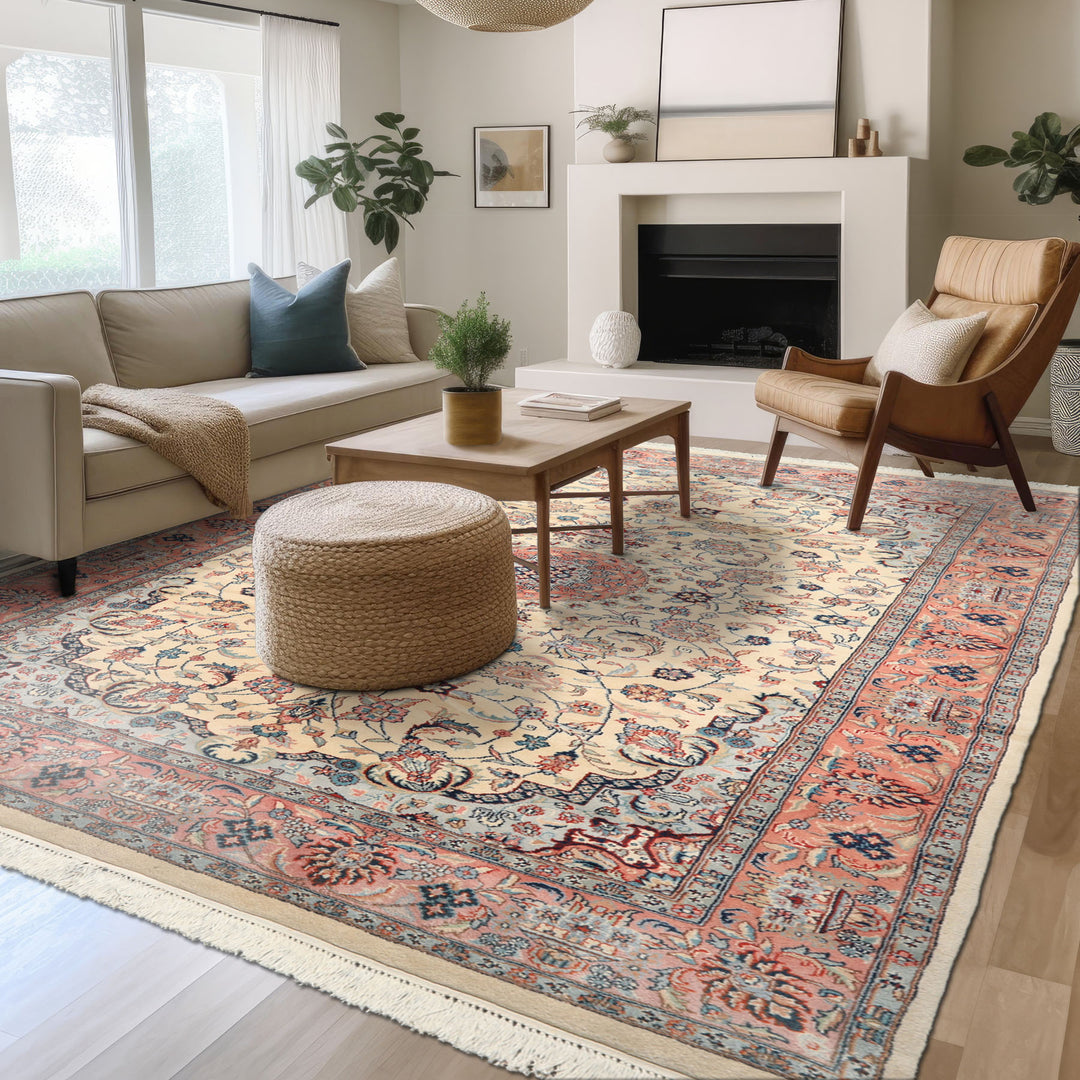 6x10 Ivory, Rose, Blue Color Hand Knotted Indo Tabriz New Zealand Wool Traditional Oriental Rug