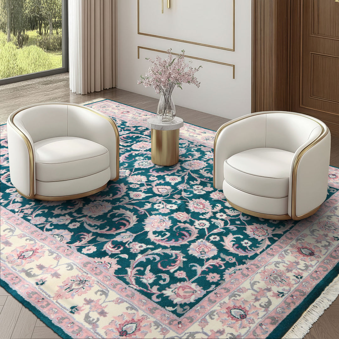 6x9 Emerald, Ivory, Pink Color Hand Knotted Indo Kashan Wool Traditional Oriental Rug