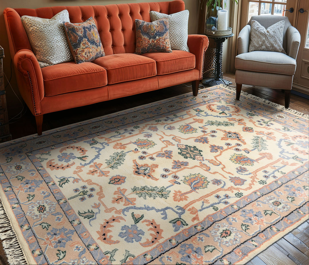 6x9 Ivory, Peach, Blue Color Hand Knotted Indo Persian Wool Traditional Oriental Rug