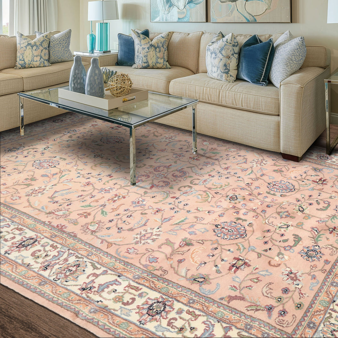 6x9 Baby Pink, Ivory, Aqua Color Hand Knotted Indo Kashan Wool Traditional Oriental Rug