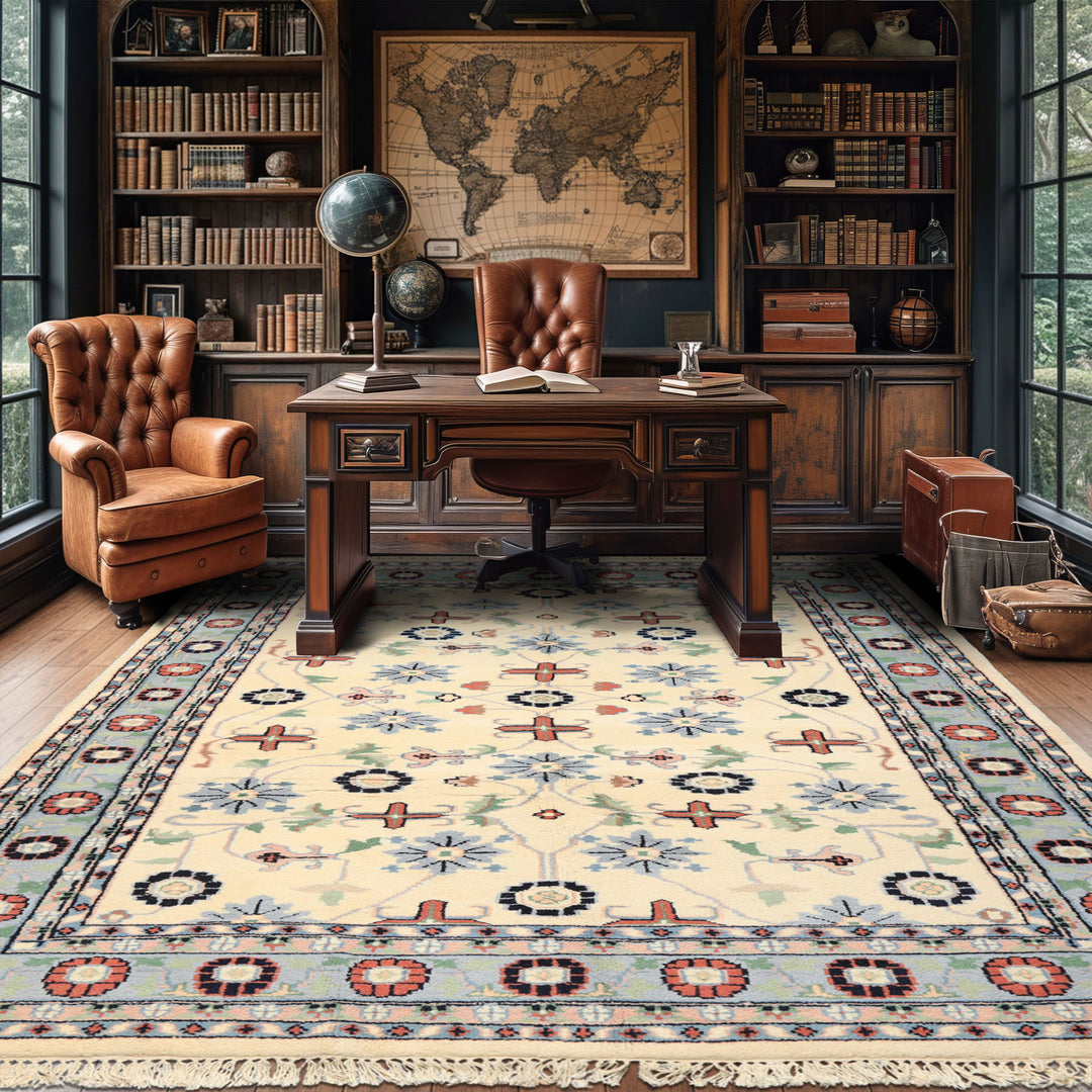 5x8 Ivory, Blue, Black Color Hand Knotted Indo Kashan Wool Traditional Oriental Rug