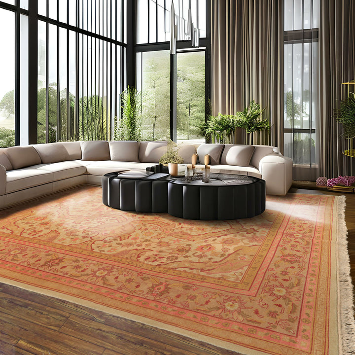 9x12 Beige, Pink, Rose Color Hand Knotted Indo Oushak Wool Arts & Crafts Oriental Rug