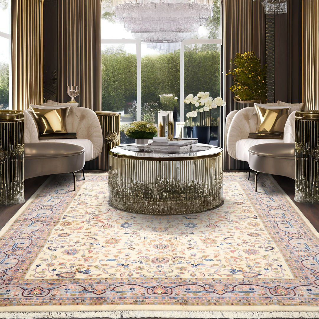 9x12 Ivory, Faded Lavender, Sage Color Hand Knotted Indo Kashan Wool Traditional Oriental Rug