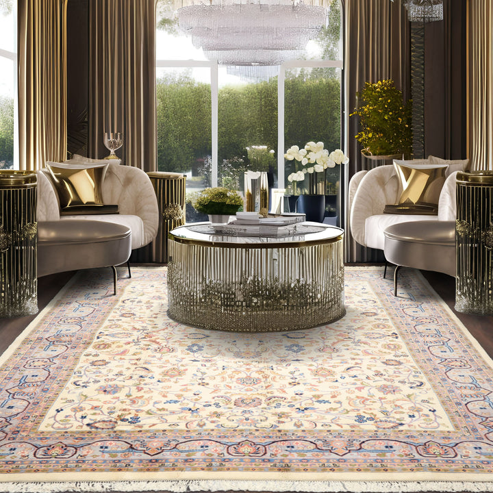 9x12 Ivory, Faded Lavender, Sage Color Hand Knotted Indo Kashan Wool Traditional Oriental Rug