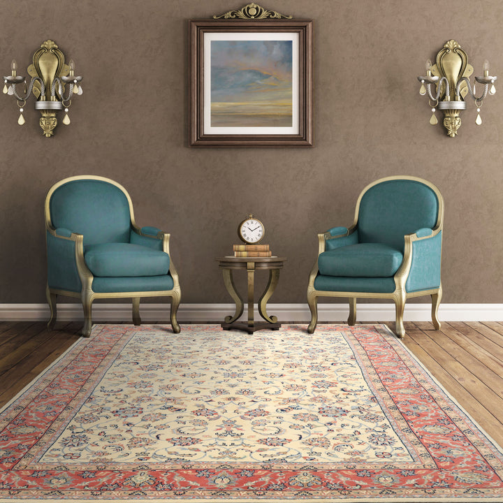 6x9 Ivory, Rose, Blue Color Hand Knotted Indo Kashan Wool Traditional Oriental Rug