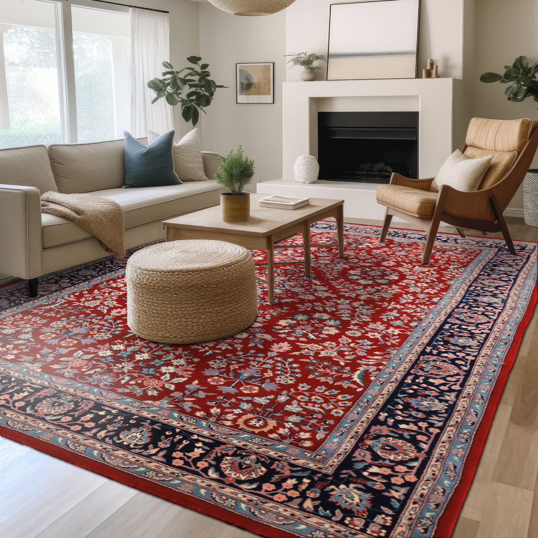 6x9 Red, Navy, Ivory Color Hand Knotted Indo Kashan New Zealand Wool Traditional Oriental Rug