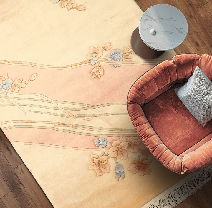 4x6 Beige, Blush, Blue Color Hand Knotted French Aubusson Savonerrie Wool Traditional Oriental Rug