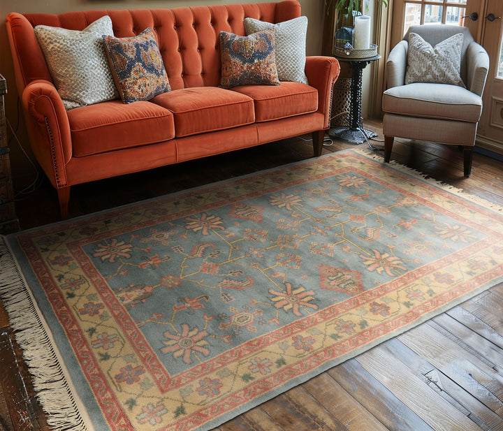 4x6 Aqua, Rose, Gold Color Hand Knotted Indo Oushak Wool Arts & Crafts Oriental Rug