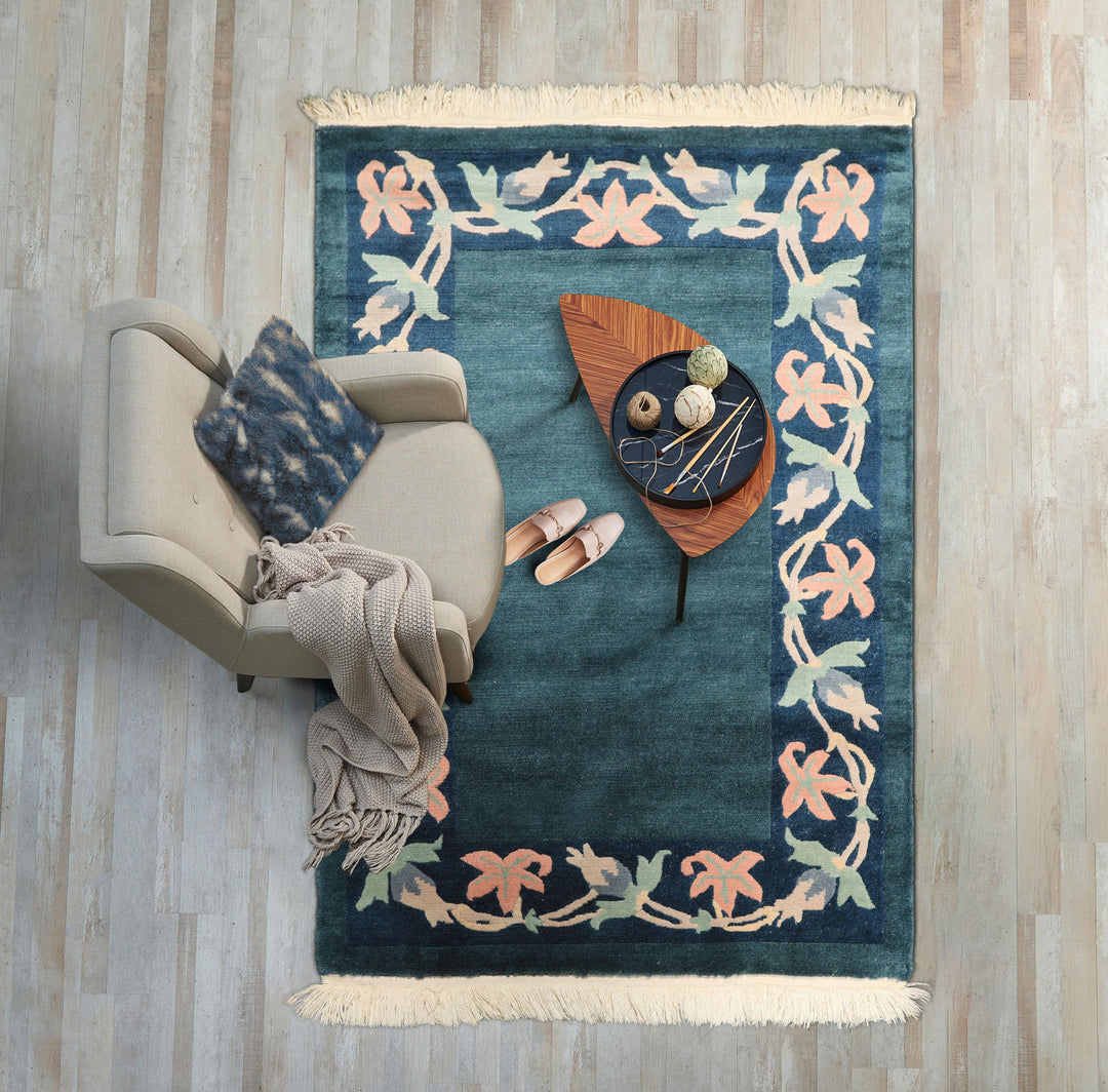 4x6 Teal, Navy, Blush Color Hand Knotted Tibetan Wool Classic European Oriental Rug