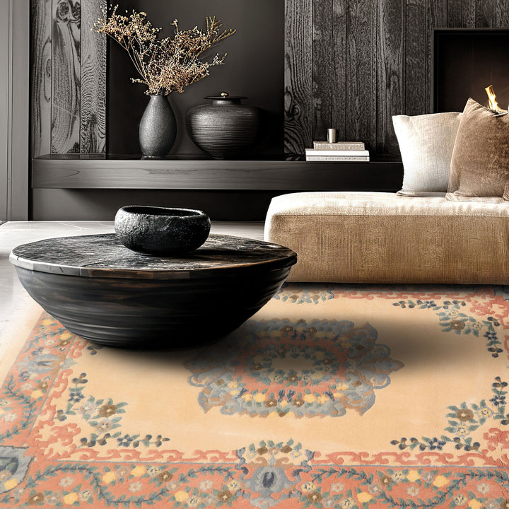 4x6 Peach, Blush, Blue Color Hand Knotted French Aubusson Savonerrie Wool Traditional Oriental Rug