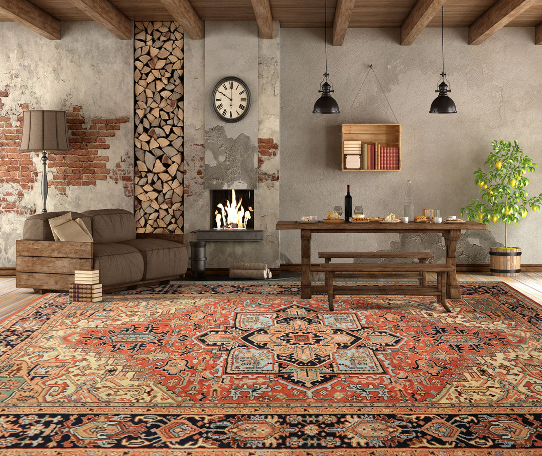 9x12 Burnt Orange, Navy, Ivory Color Hand Knotted Heriz Wool Traditional Oriental Rug