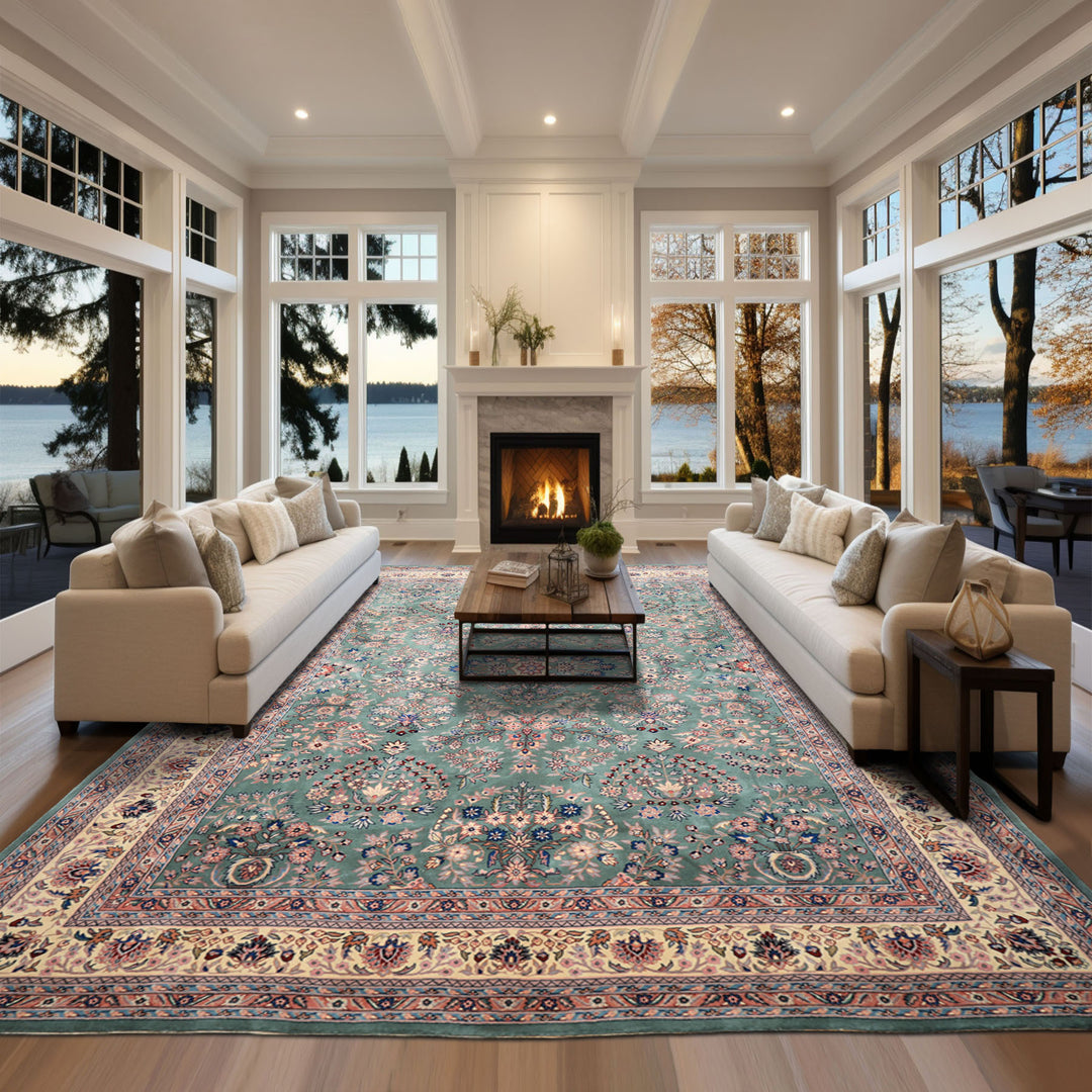 9x12 Turquoise, Ivory, Navy Color Hand Knotted Sarouk Wool Traditional Oriental Rug