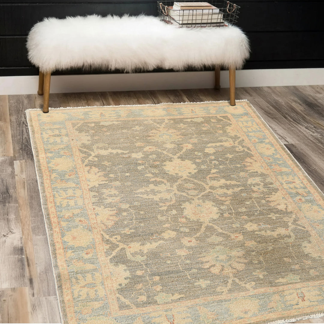 3x5 Gray, Aqua, Moss Color Hand Knotted Peshawar Wool Traditional Oriental Rug