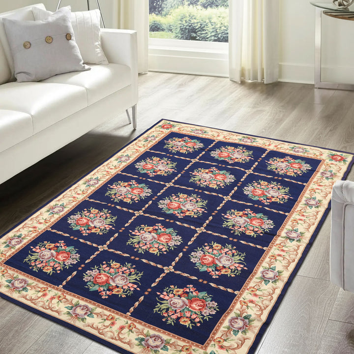 4x6 Navy, Ivory, Green Color Hand Knotted French Aubusson Needlepoint Wool Traditional Oriental Rug