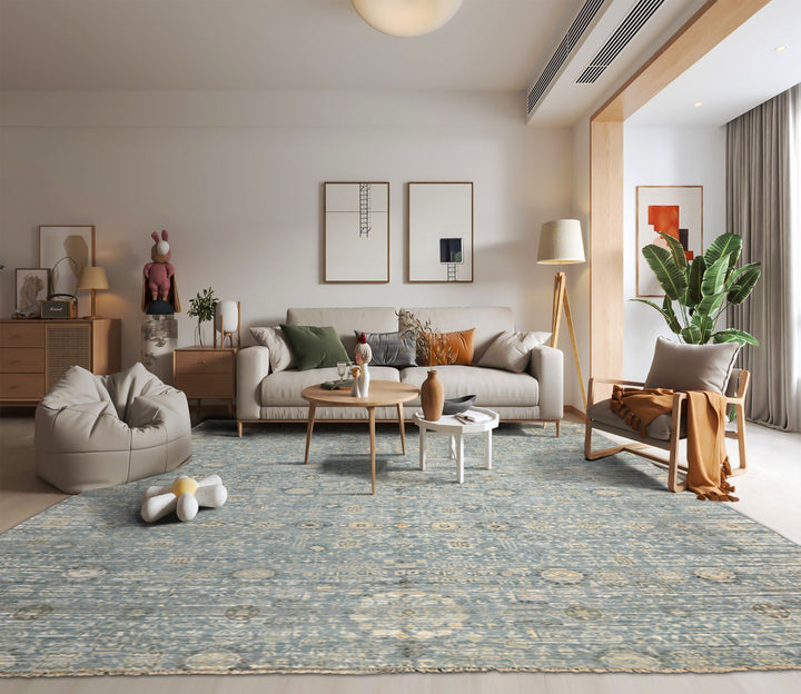 9x12 Aqua, Ivory, Beige Color Hand Knotted Tibetan Wool &amp; Silk Modern &amp; Contemporary Oriental Rug