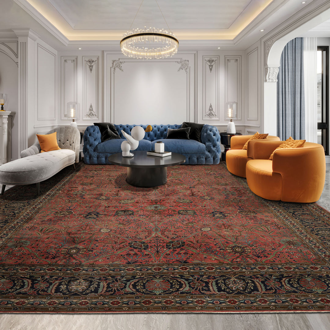 Oversize Antique Rose, Navy, Brown Color Hand Knotted Sarouk Wool Traditional Oriental Rug
