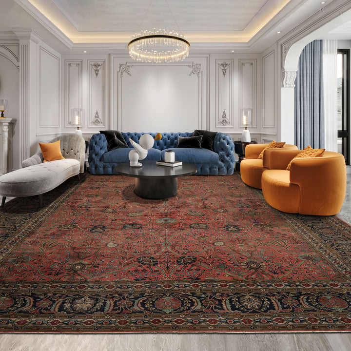 Oversize Antique Rose, Navy, Brown Color Hand Knotted Sarouk Wool Traditional Oriental Rug
