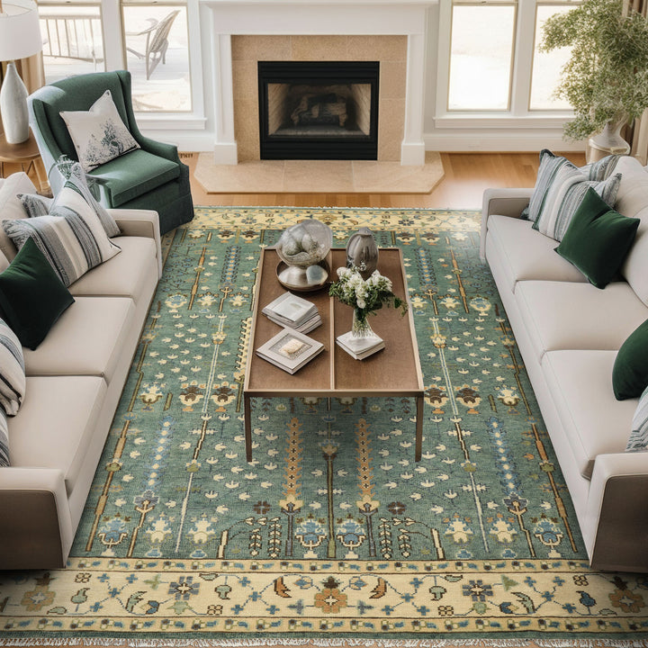 10x14 Celadon, Ivory, Brown Color Hand Knotted Oushak Wool Traditional Oriental Rug