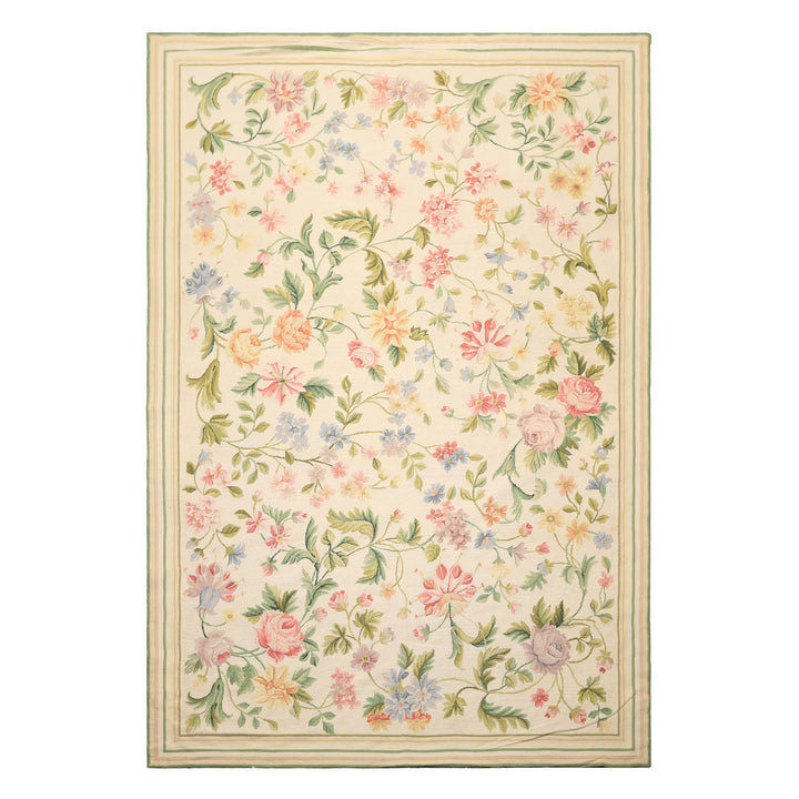 6x9 Ivory, Lime, Blue Color Hand Woven French Needlepoint Aubusson Wool Traditional Oriental Rug