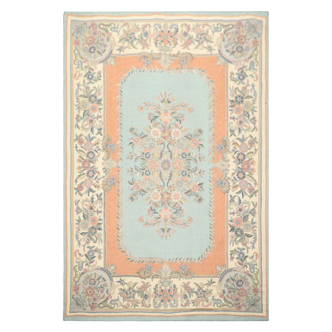6x9 Aqua, Blush, Ivory Color Hand Woven Chainstitch Wool Traditional Oriental Rug