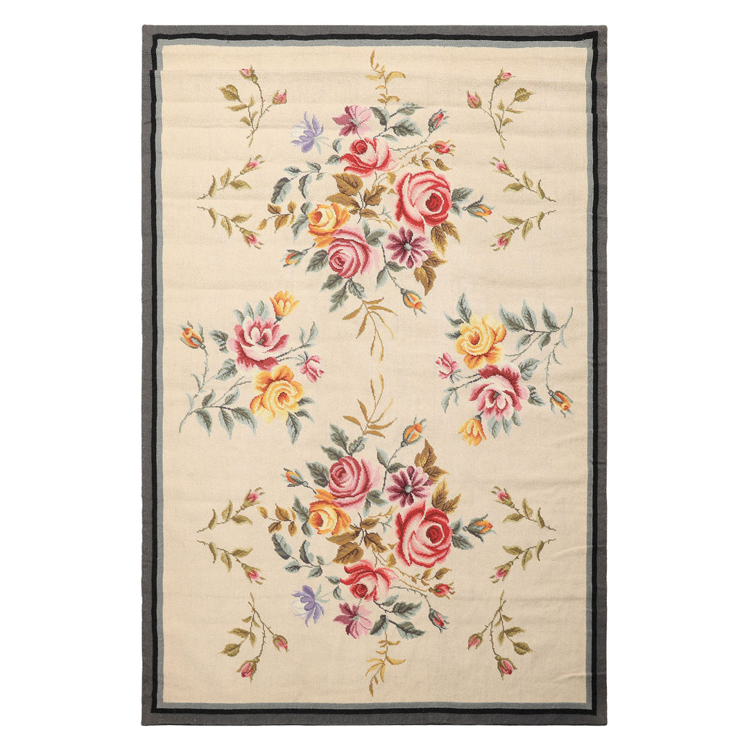 4x6 Ivory, Gray, Black Color Hand Knotted French Needlepoint Aubusson Wool Traditional Oriental Rug