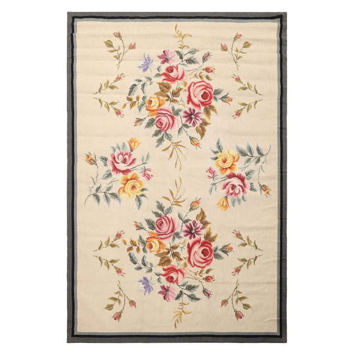 4x6 Ivory, Gray, Black Color Hand Knotted French Needlepoint Aubusson Wool Traditional Oriental Rug