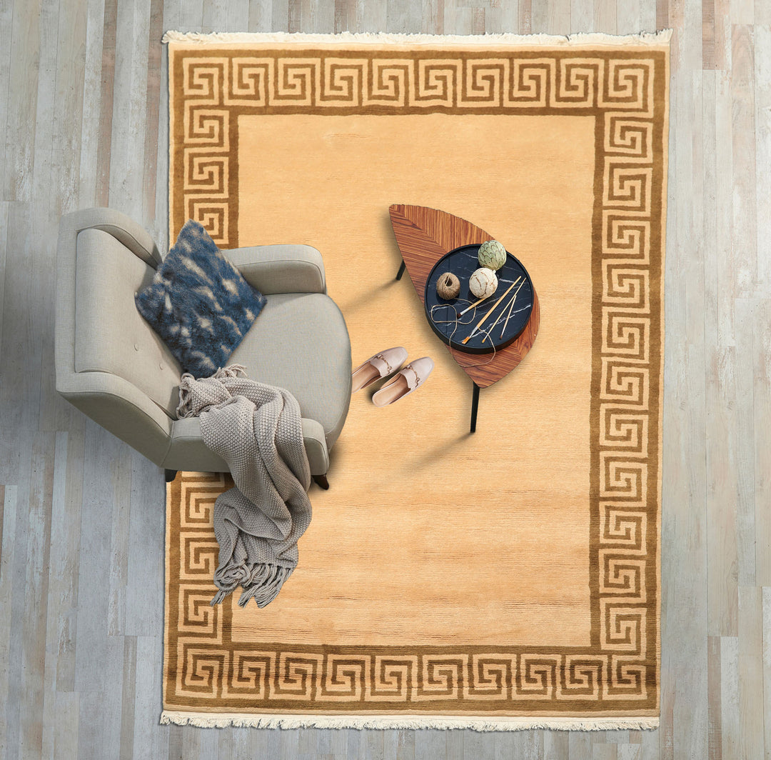 6x9 Mocha, Olive, Color Hand Knotted Tibetan Wool Transitional Oriental Rug