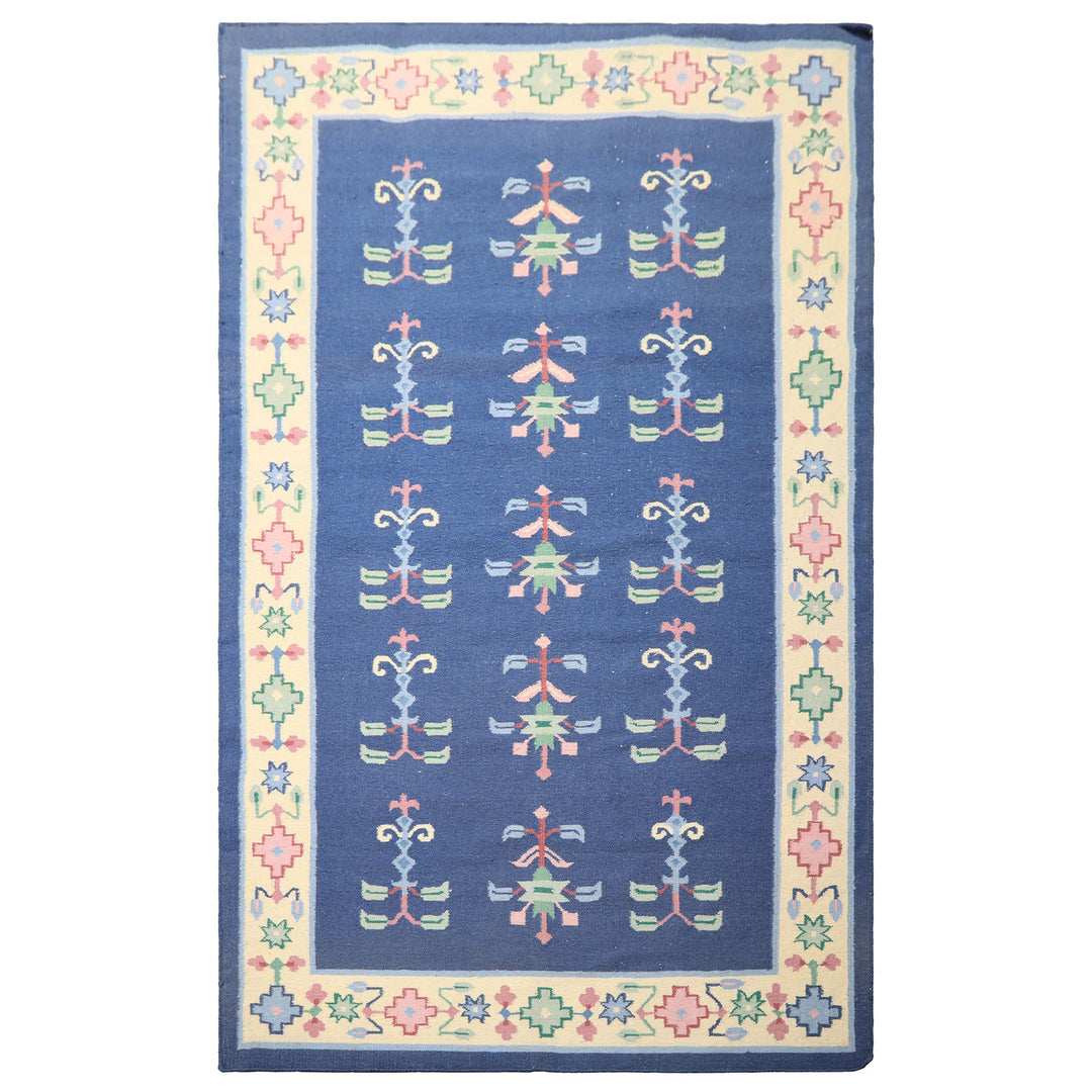 5x8 Blue, Ivory, Blush Color Hand Woven Dhurry Kilim Wool Transitional Oriental Rug