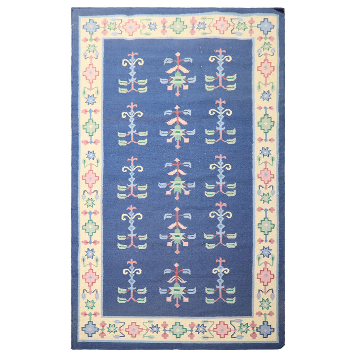 5x8 Blue, Ivory, Blush Color Hand Woven Dhurry Kilim Wool Transitional Oriental Rug