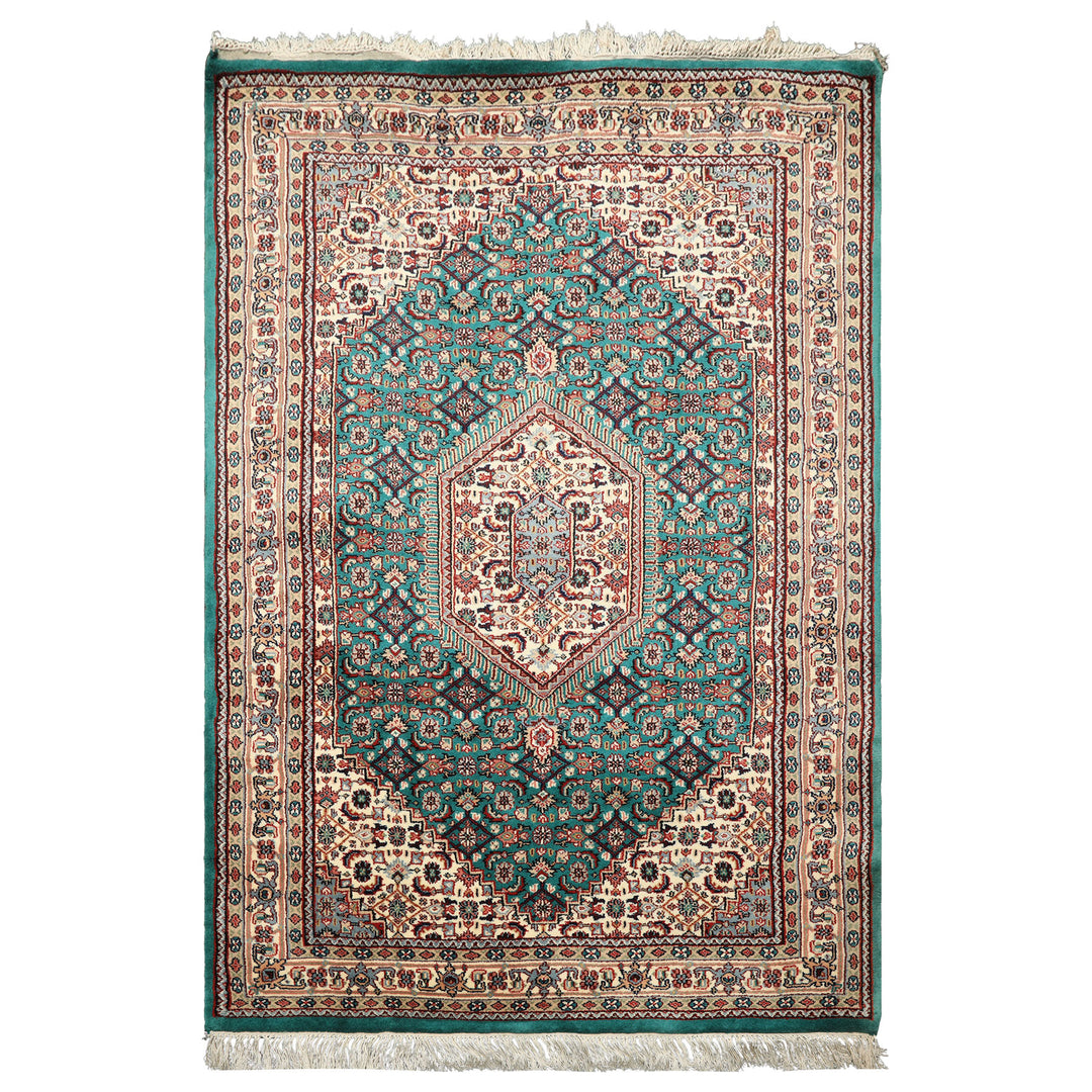 4x6 Green, Ivory, Rust Color Hand Knotted Indo Tabriz Wool Traditional Oriental Rug