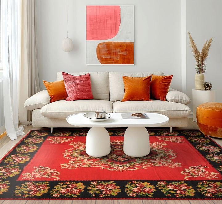 9x12 Red, Charcoal, Maroon Color Hand Woven Turkish Kilim Wool Traditional Oriental Rug