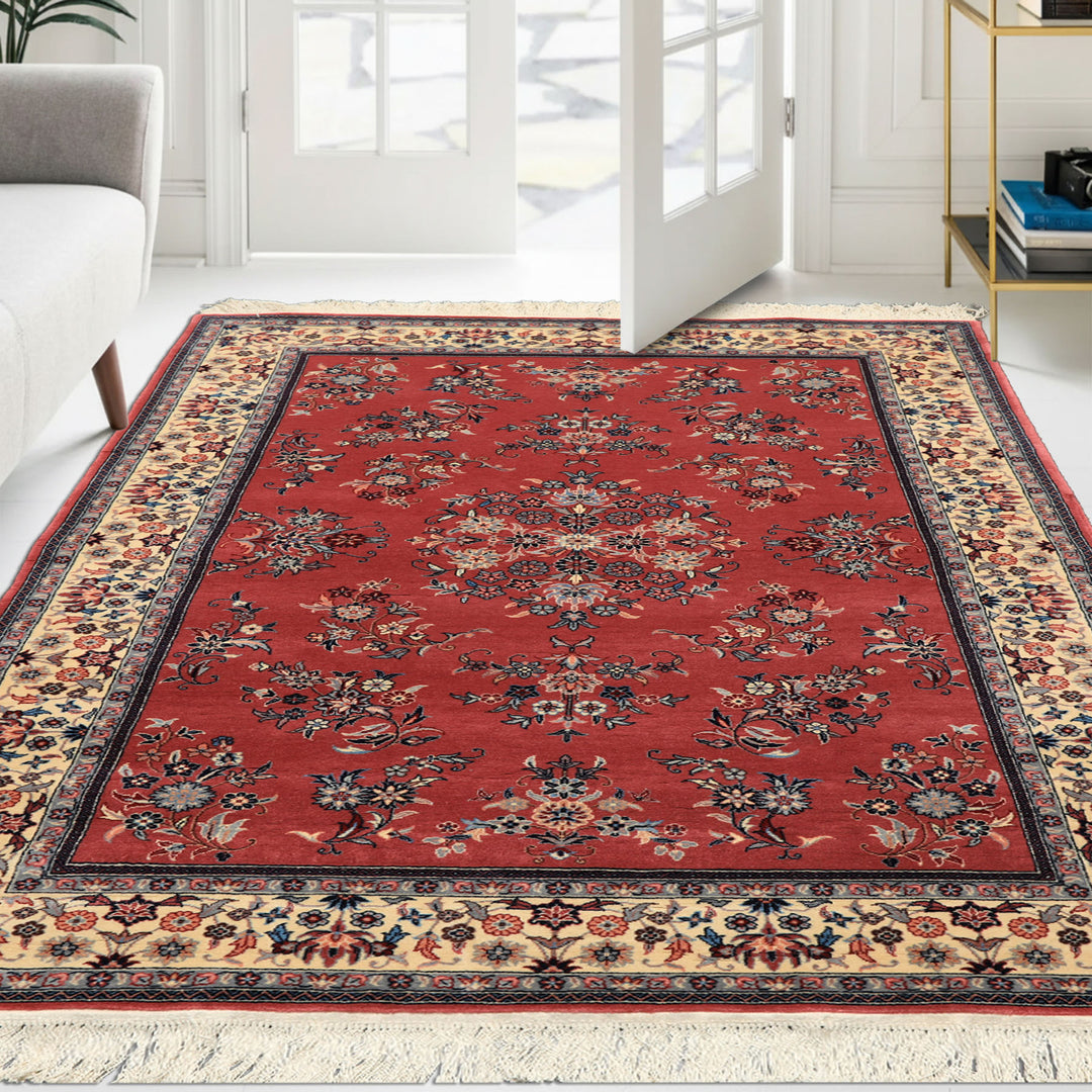 4x6 Rose, Ivory, Aqua Color Hand Knotted Pak Persian Sarouk New Zealand Wool Traditional Oriental Rug