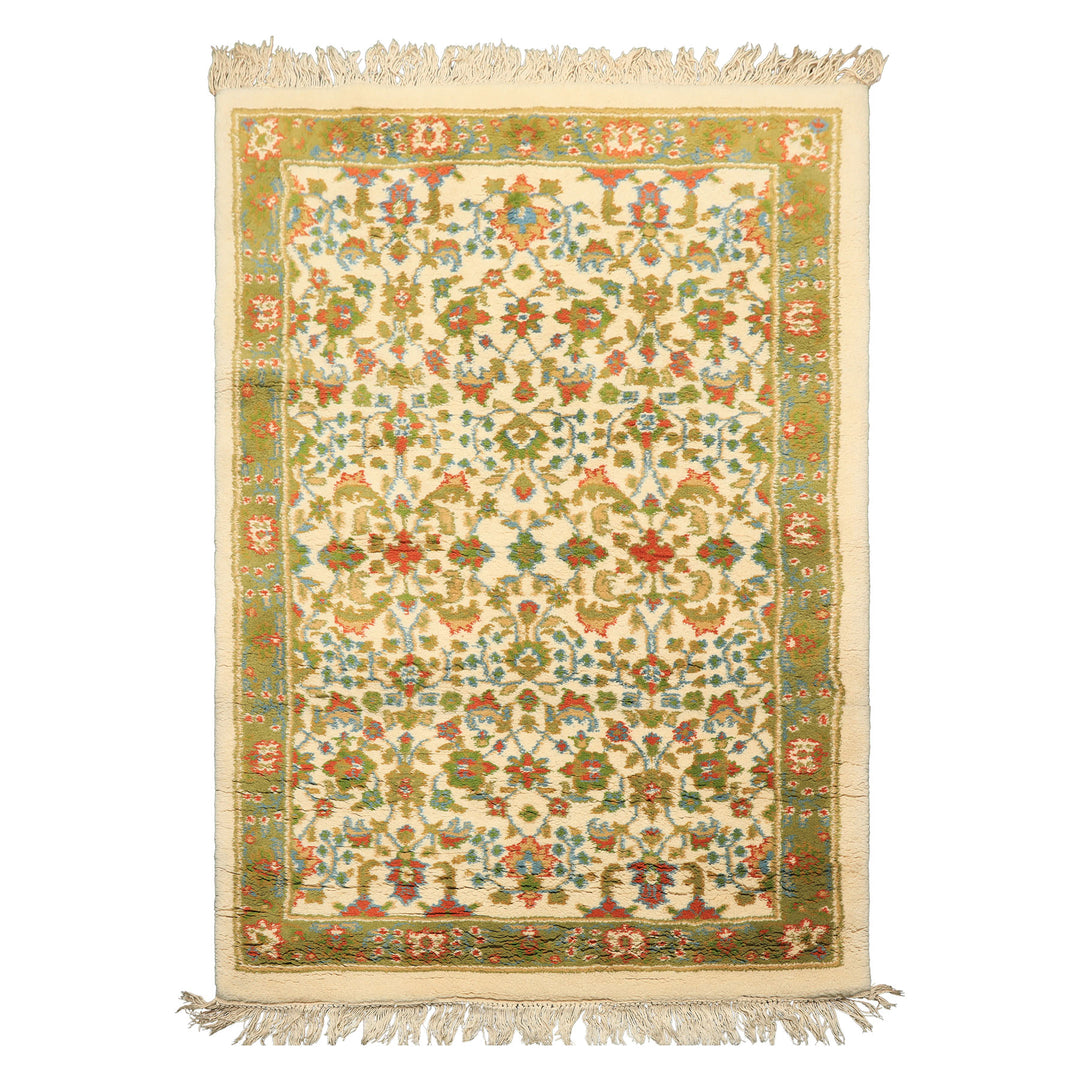 4x6 Ivory, Lime, Turquoise Color Hand Knotted Indo Kashan Wool Traditional Oriental Rug
