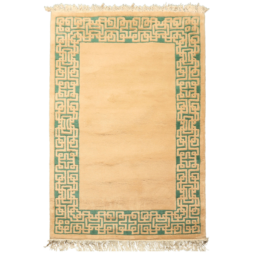 4x6 Tan, Green, Color Hand Knotted Indo Tibetan Wool Transitional Oriental Rug