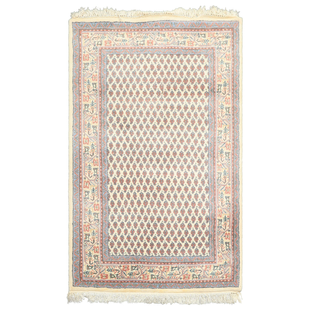 3x5 Ivory, Rose, Blue Color Hand Knotted Boteh Wool Traditional Oriental Rug