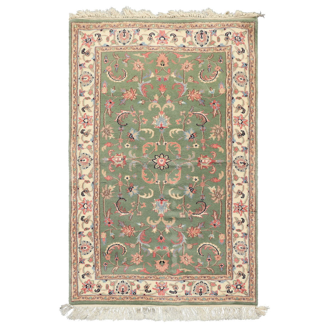 3x5 Sage, Ivory, Rose Color Hand Knotted Indo Kashan Wool Traditional Oriental Rug