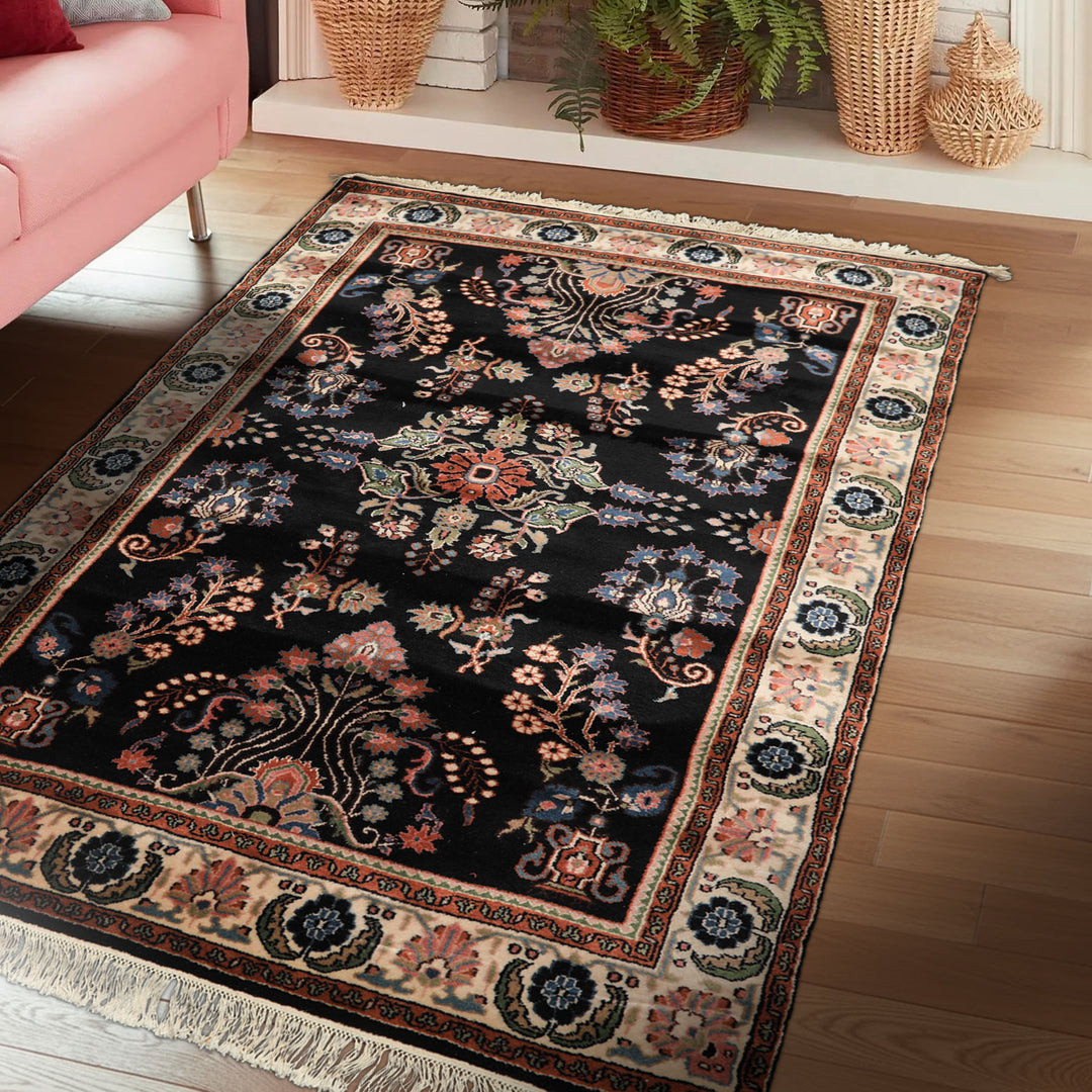 4x6 Black, Ivory, Sage Color Hand Knotted Indo Sarouk New Zealand Wool Traditional Oriental Rug