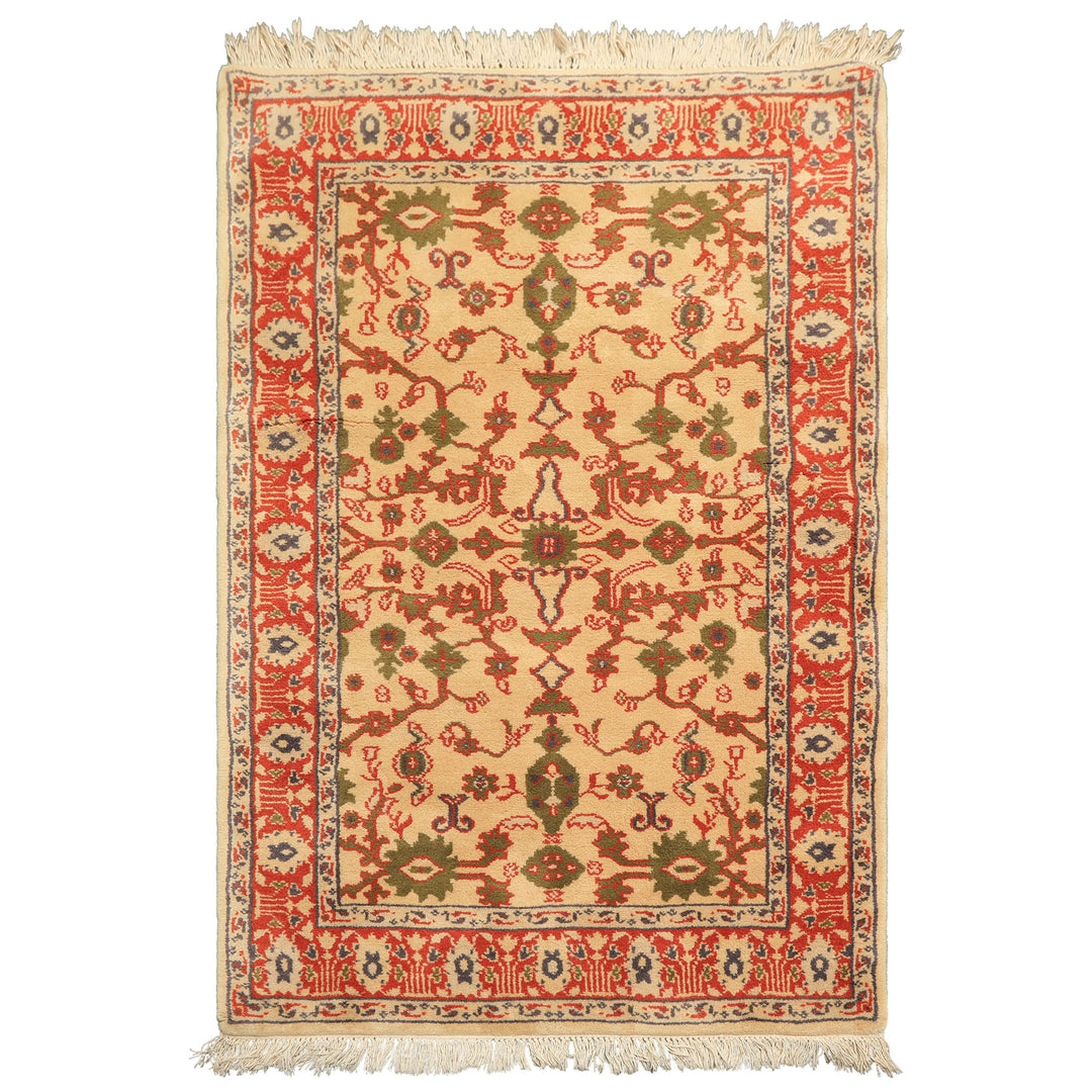4x6 Ivory, Teracotta, Green Color Hand Knotted Indo Kashan Wool Traditional Oriental Rug