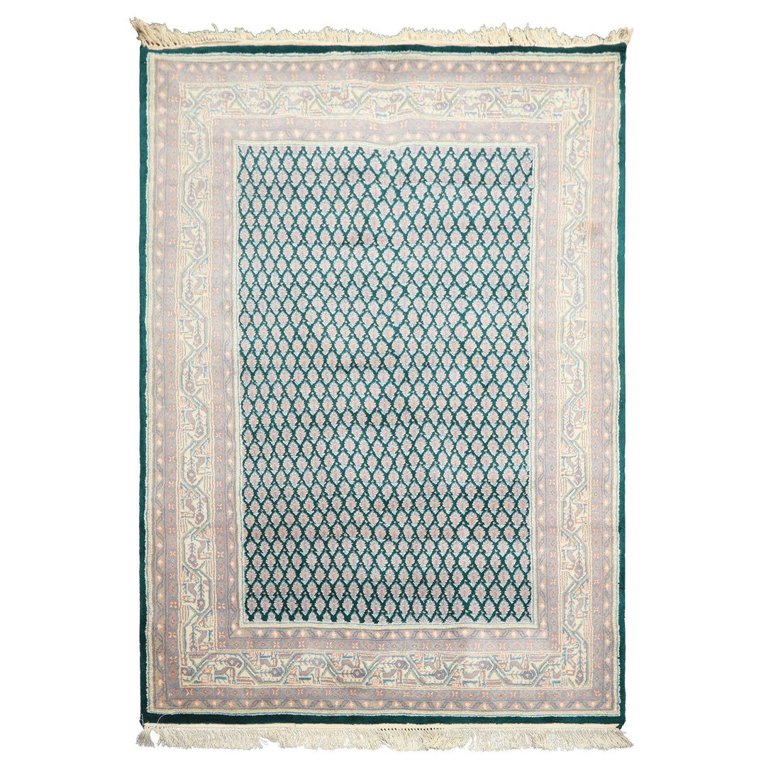 4x6 Emerald, Rose, Ivory Color Hand Knotted Boteh Wool Traditional Oriental Rug