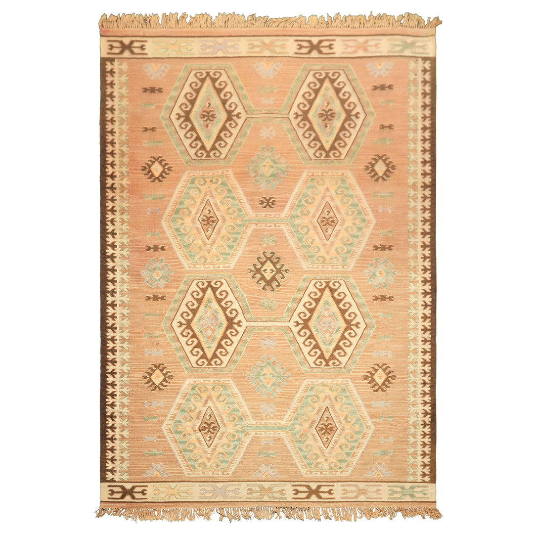 6x9 Tan, Light Peach, Ivory Color Hand Woven Kilim Wool Traditional Oriental Rug