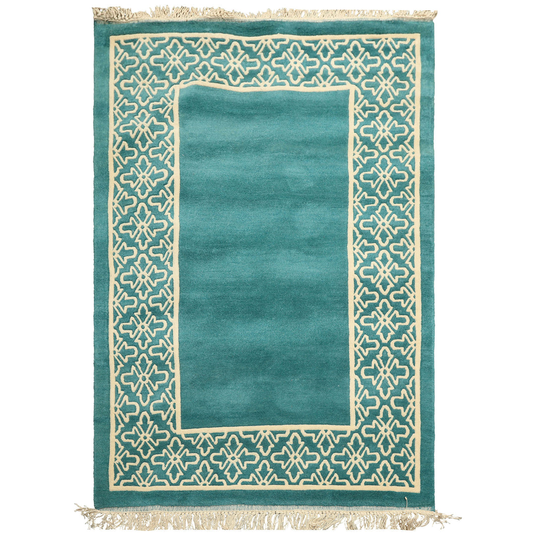 4x6 Turquoise, Ivory, Color Hand Knotted Indo Tibetan Wool Transitional Oriental Rug