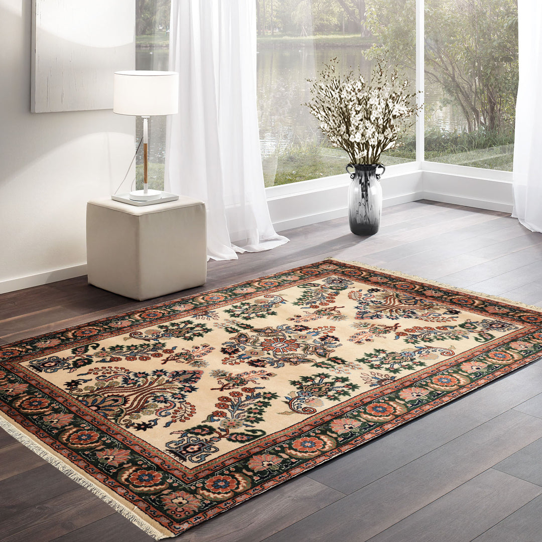 4x6 Ivory, Green, Rose Color Hand Knotted Indo Sarouk New Zealand Wool Traditional Oriental Rug